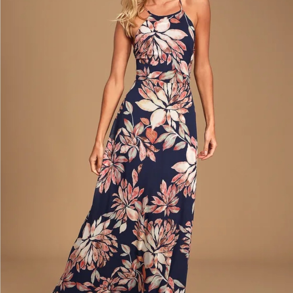 Lulus Adventure Seeker Navy Blue Floral Print Maxi Dress